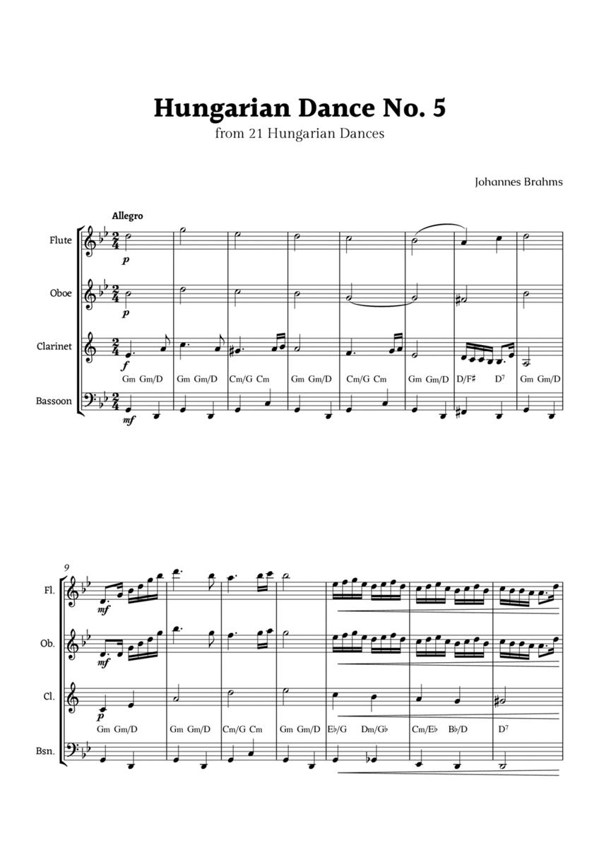 Hungarian Dance No. 5 by Brahms for Woodwinds Quartet with Chords image number null