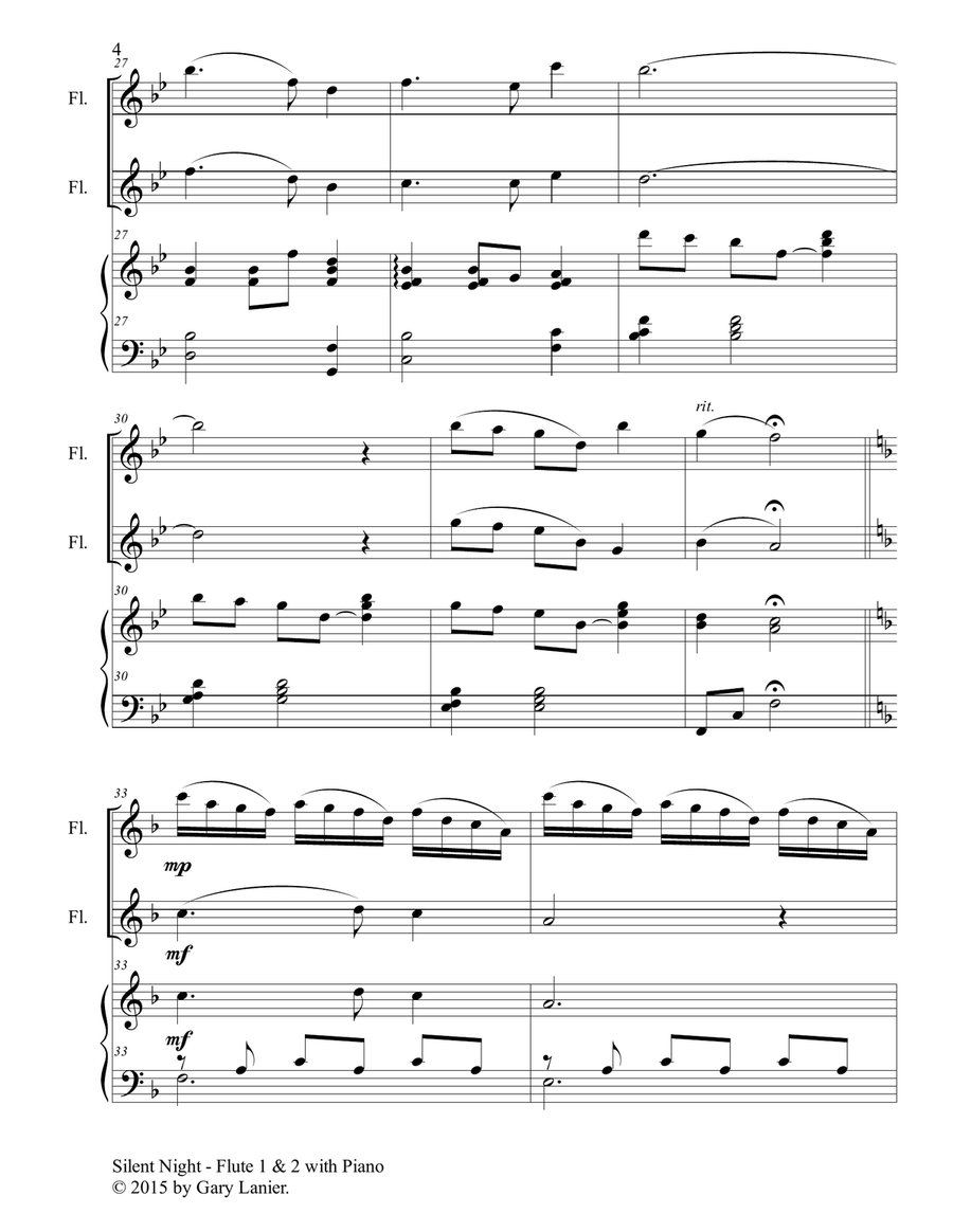 Gary Lanier: SILENT NIGHT (Trio – Flute 1, Flute 2 & Piano with Score & Parts) Flute scores gallery preview page 5