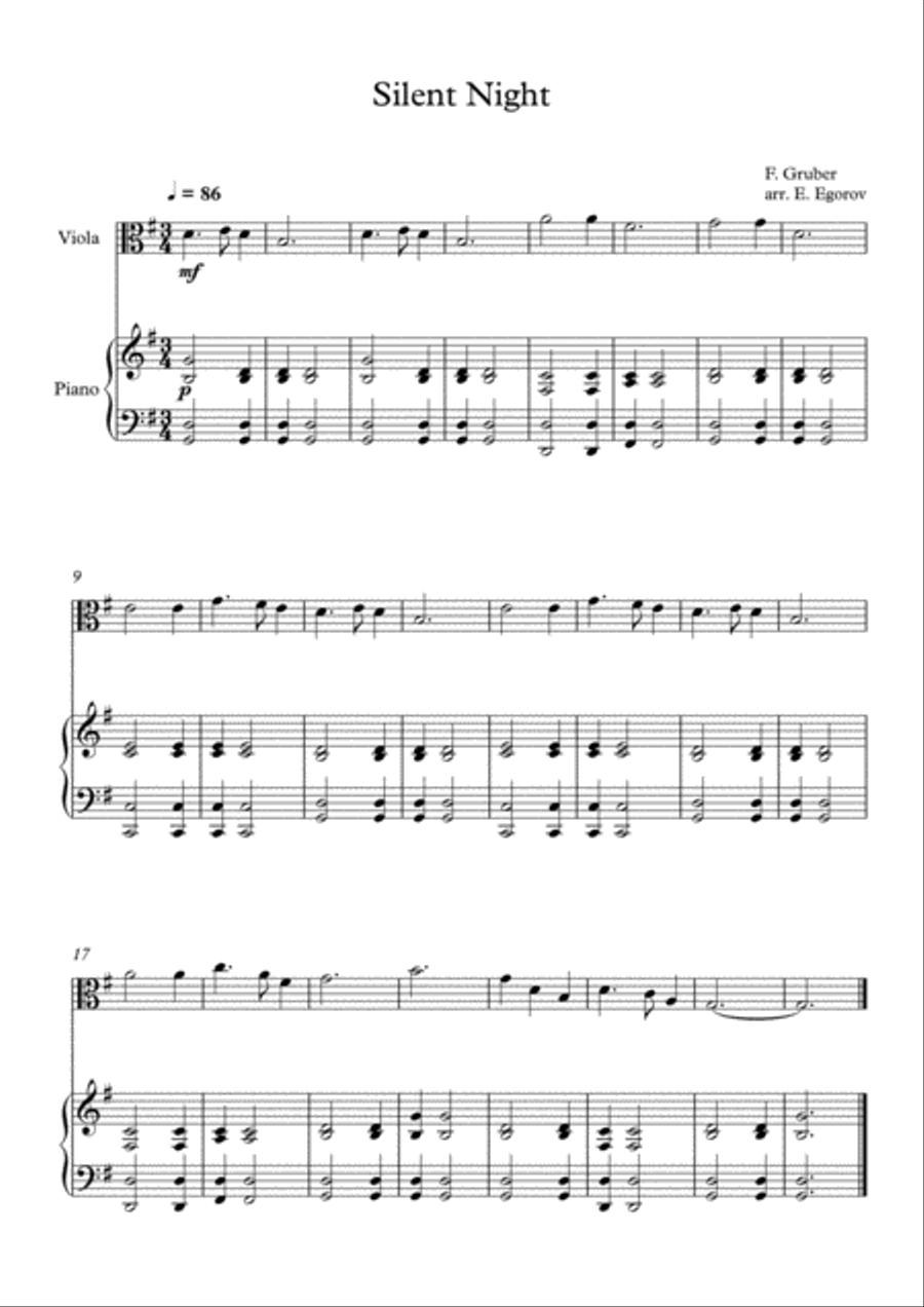 Silent Night, Franz Xaver Gruber, For Viola & Piano Viola scores gallery preview page 1