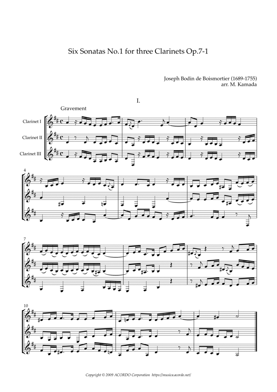 Six Sonatas No.1 for three Clarinets, Op.7-1 Woodwind Ensemble scores gallery preview page 1