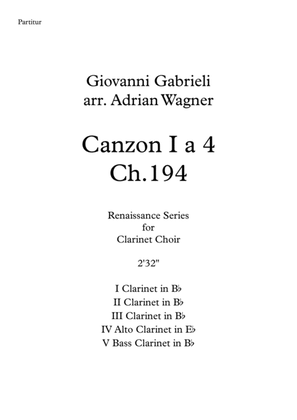 Book cover for Canzon I a 4 Ch.194 (Giovanni Gabrieli) Clarinet Choir arr. Adrian Wagner