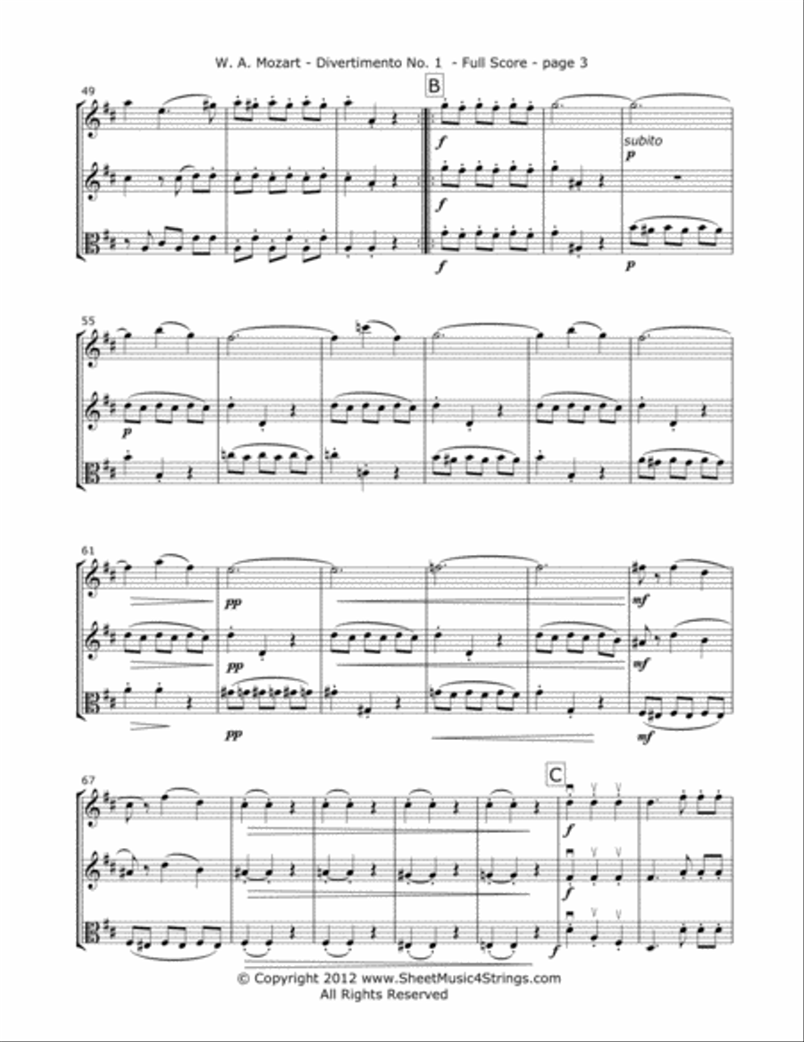 Mozart, W. - Divertimento No. 5 (Mvt. 1) for Two Violins and Viola String Trio scores gallery preview page 3