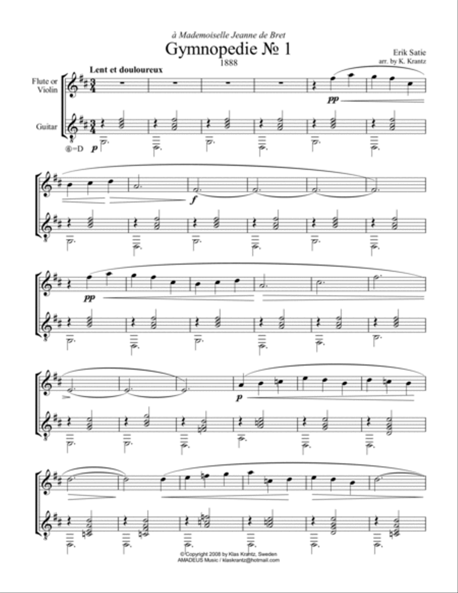 Gymnopedie (1,2,3) for violin or flute and guitar Flute scores gallery preview page 2