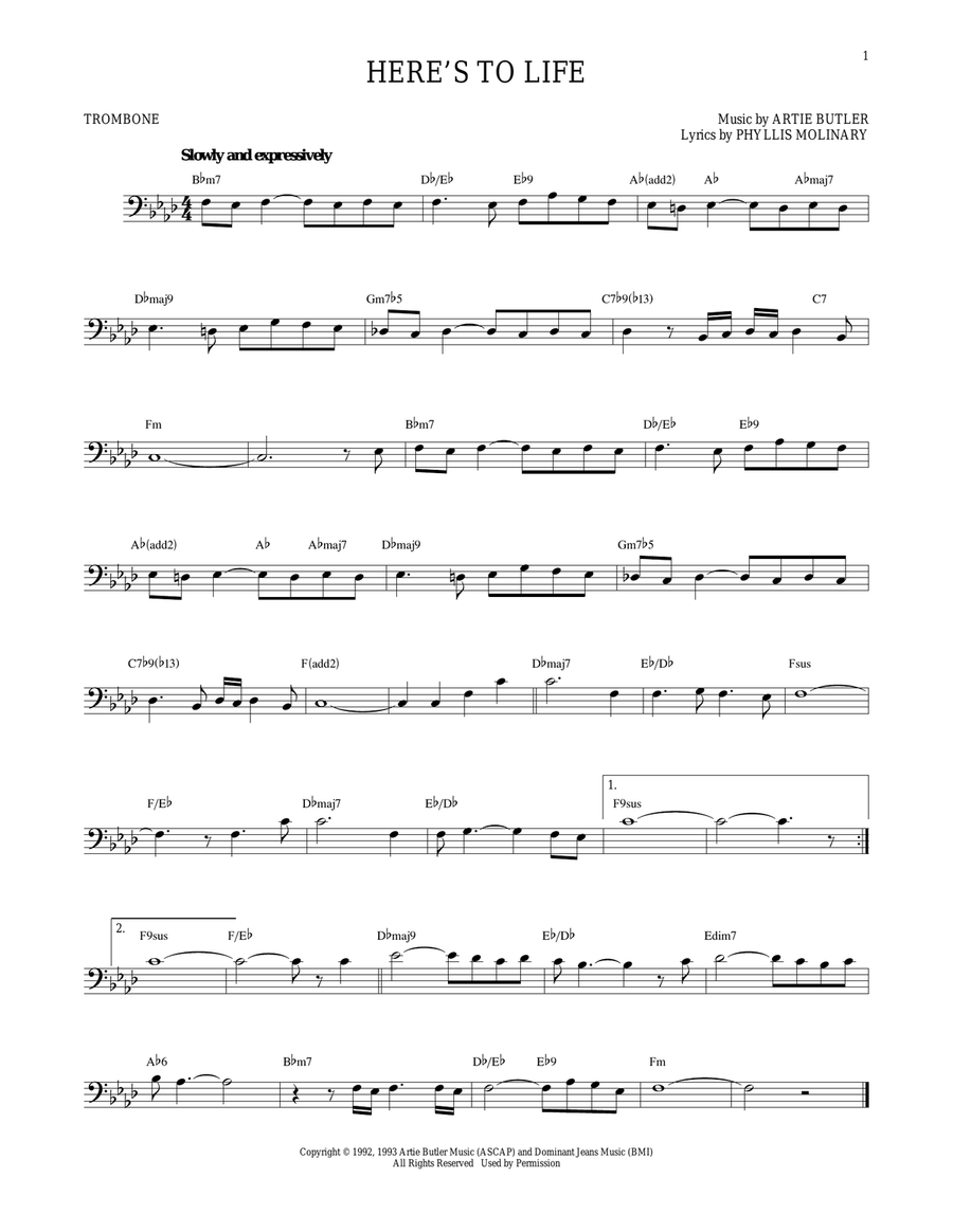 Here's To Life Trombone Solo scores gallery preview page 1