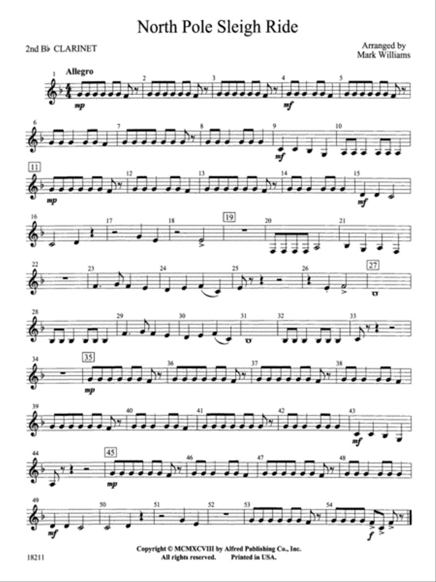 North Pole Sleigh Ride: 2nd B-flat Clarinet Concert Band scores gallery preview page 1