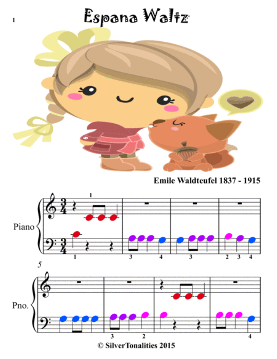 Espana Waltz Beginner Piano Sheet Music with Colored Notation Piano Method scores gallery preview page 2