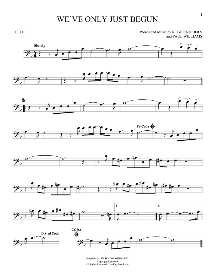 We've Only Just Begun Cello Solo scores gallery preview page 1