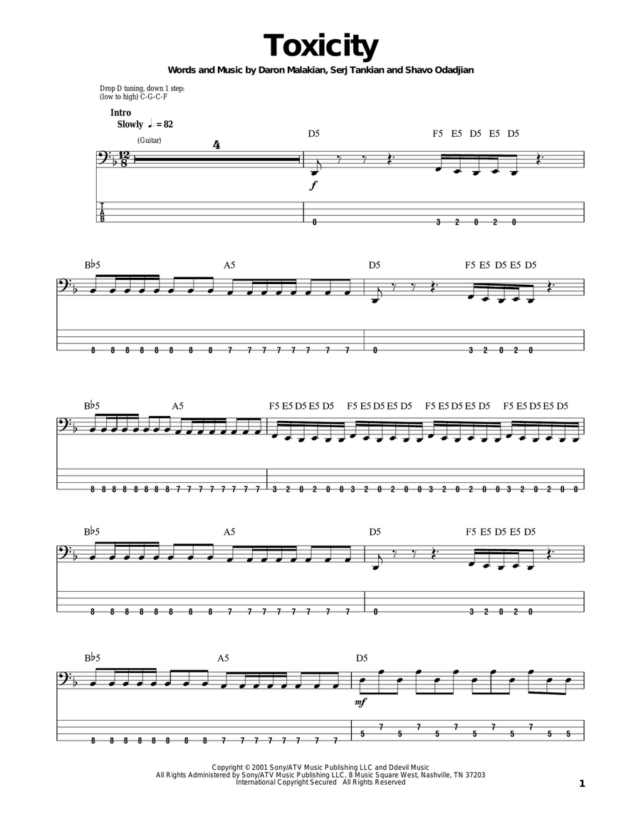 Toxicity Bass Guitar Tablature scores gallery preview page 1