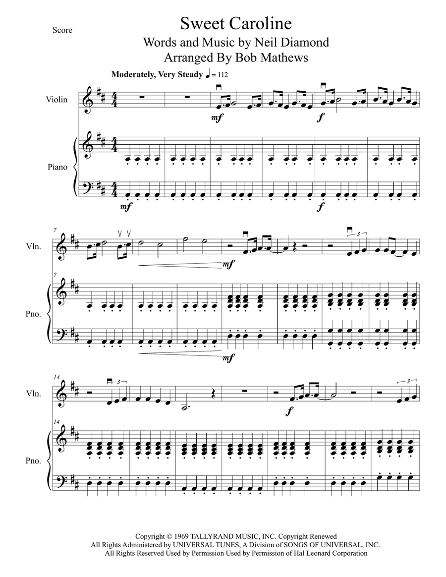 Sweet Caroline Sweet Caroline Violin Solo scores gallery preview page 1