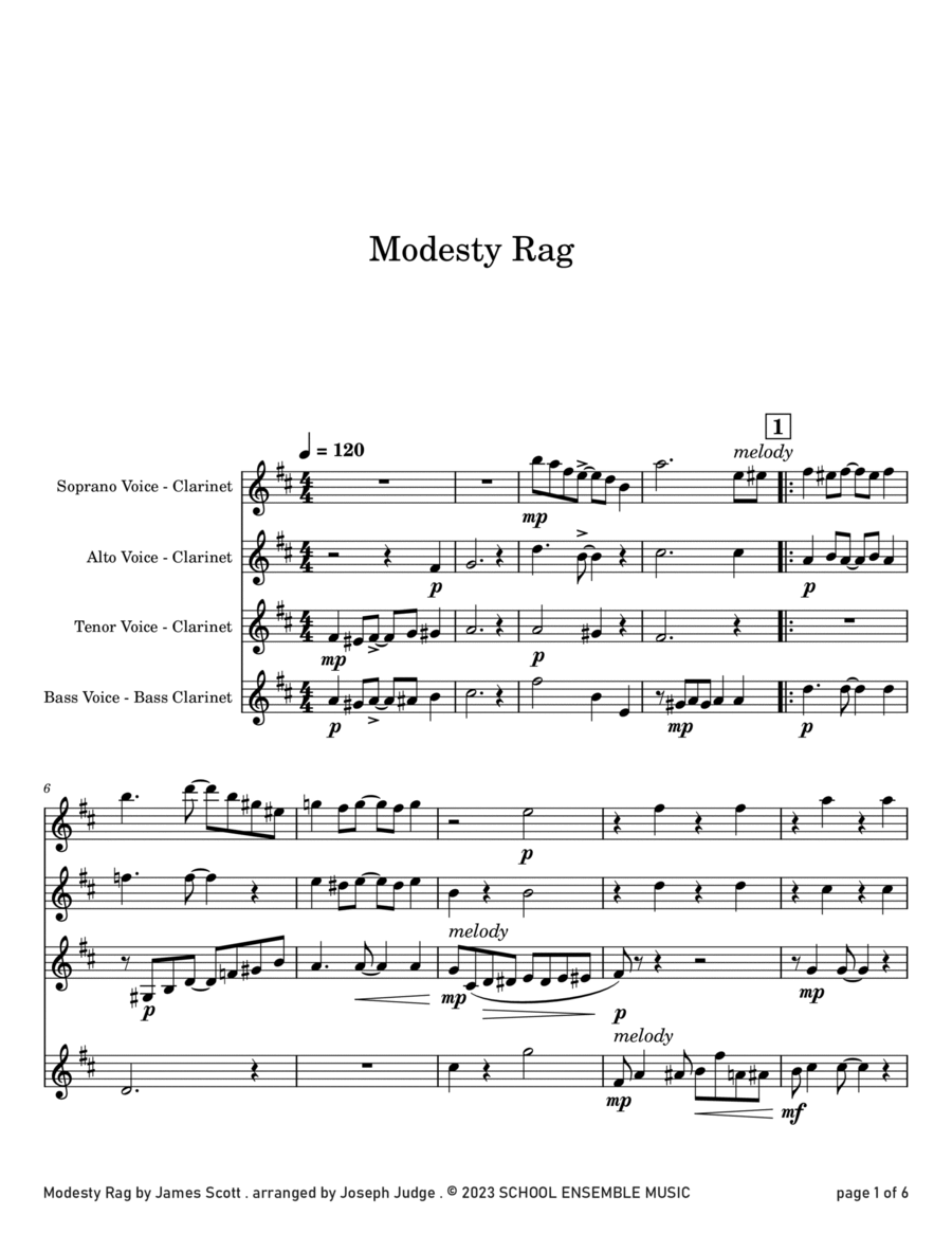 Modesty Rag by James Scott for Clarinet Quartet in Schools Clarinet Quartet scores gallery preview page 1