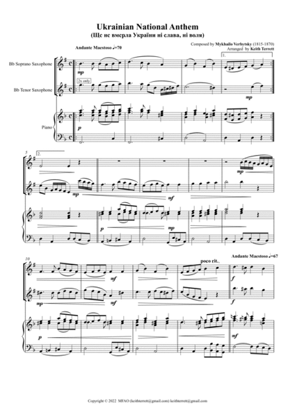 Ukrainian National Anthem for Bb Soprano,Bb Tenor Saxophone & Piano MFAO World National Anthem Serie image number null