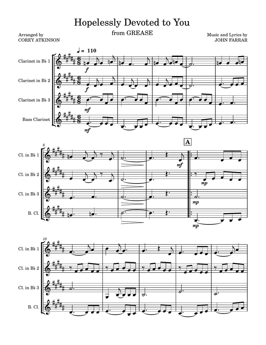 Olivia Newton-John: Hopelessly Devoted To You (The Clarinet Quartet scores gallery preview page 1