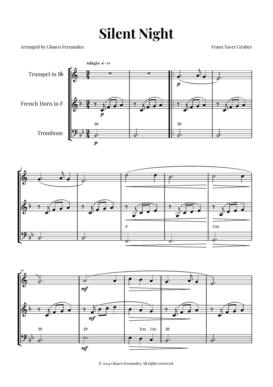 Silent Night | BEAUTIFUL Arrangement Brass Trio scores gallery preview page 1