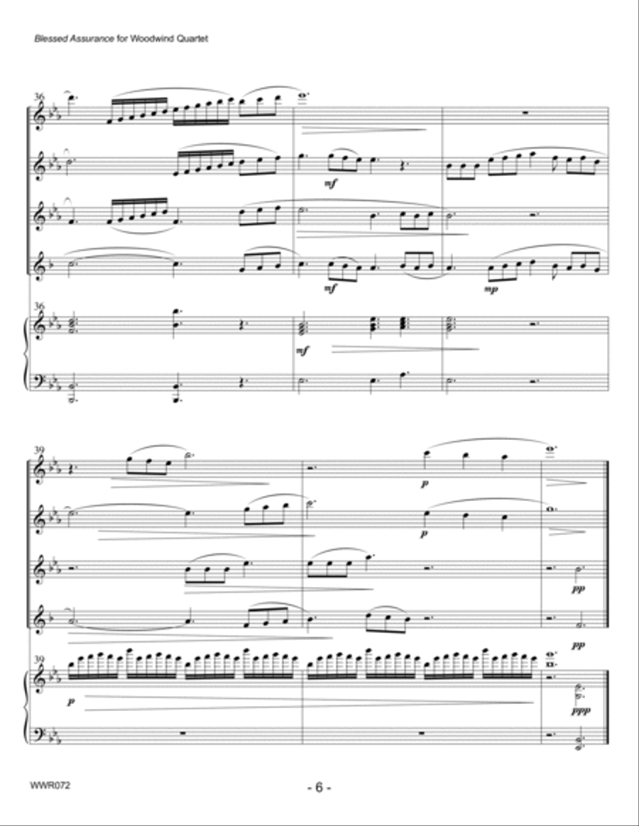 BLESSED ASSURANCE - 2 Flutes, Oboe & Clarinet with optional Piano accompaniment Woodwind Quartet scores gallery preview page 6