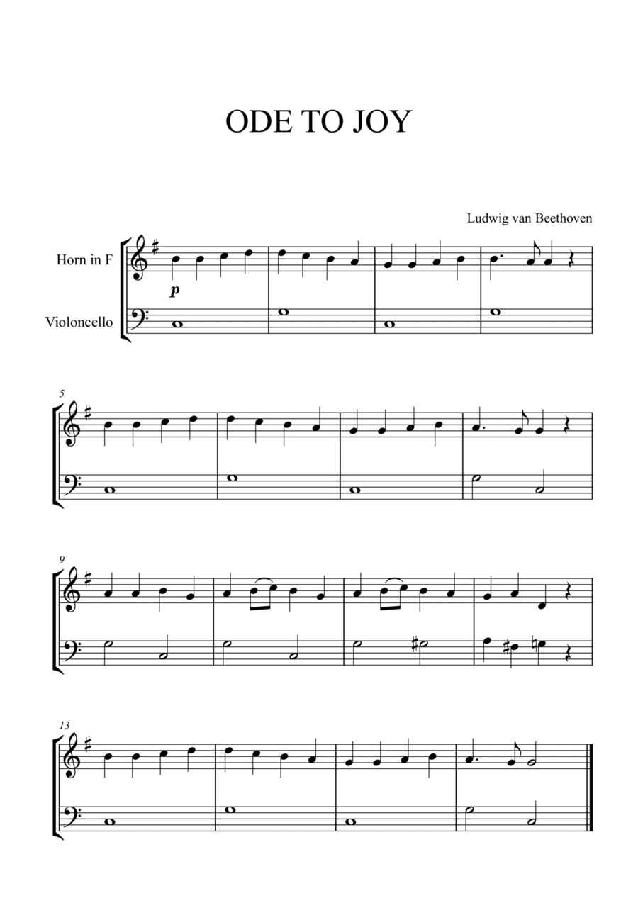 Beethoven - Ode to Joy for French Horn and Cello Horn scores gallery preview page 1