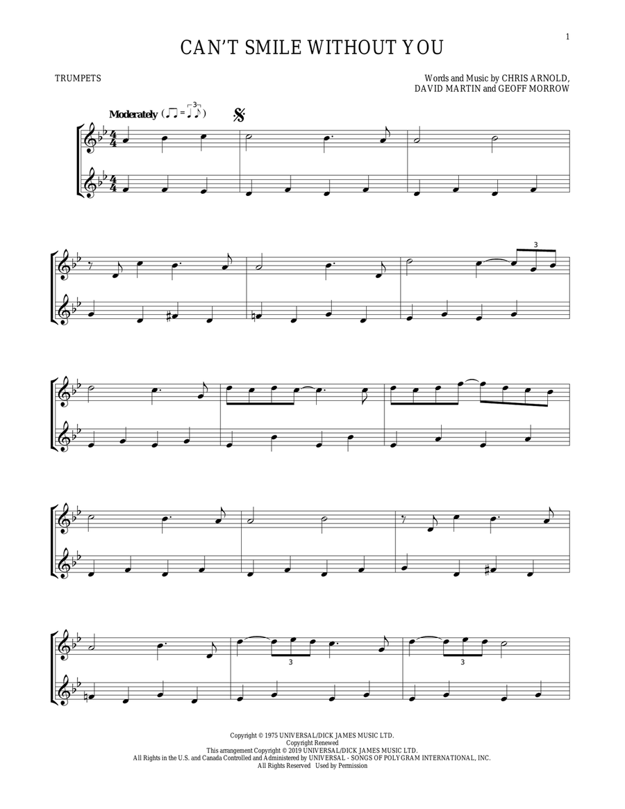 Can't Smile Without You Trumpet Duet scores gallery preview page 1