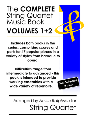 Book cover for COMPLETE string quartet music mega-bundle book - pack of 47 essential pieces (volumes 1 and 2)