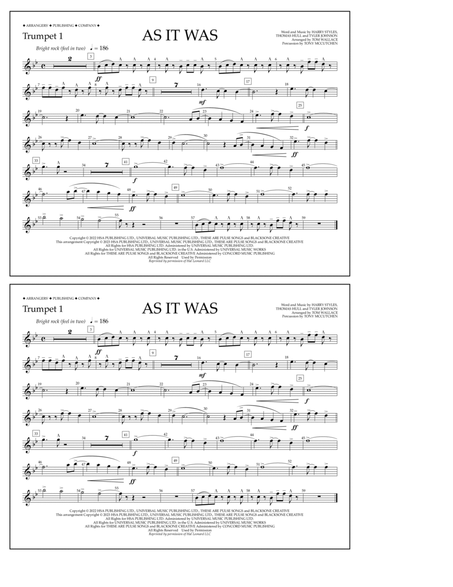 As It Was (arr. Tom Wallace) - Trumpet 1