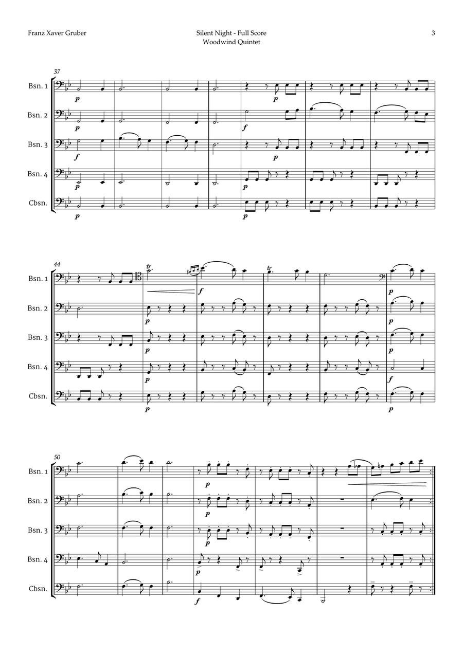 Silent Night by Franz Gruber for Bassoon Quintet Woodwind Quintet scores gallery preview page 3