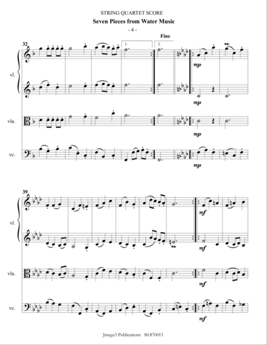 Handel: Seven Pieces from Water Music for String Quartet String Quartet scores gallery preview page 4