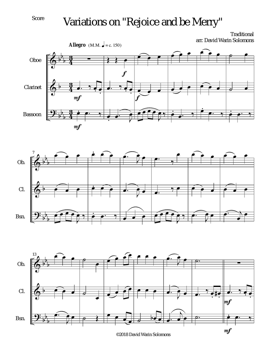 Variations on Rejoice and Be Merry (The Gallery Carol) for reed trio (oboe, clarinet, bassoon) Woodwind Trio scores gallery preview page 1