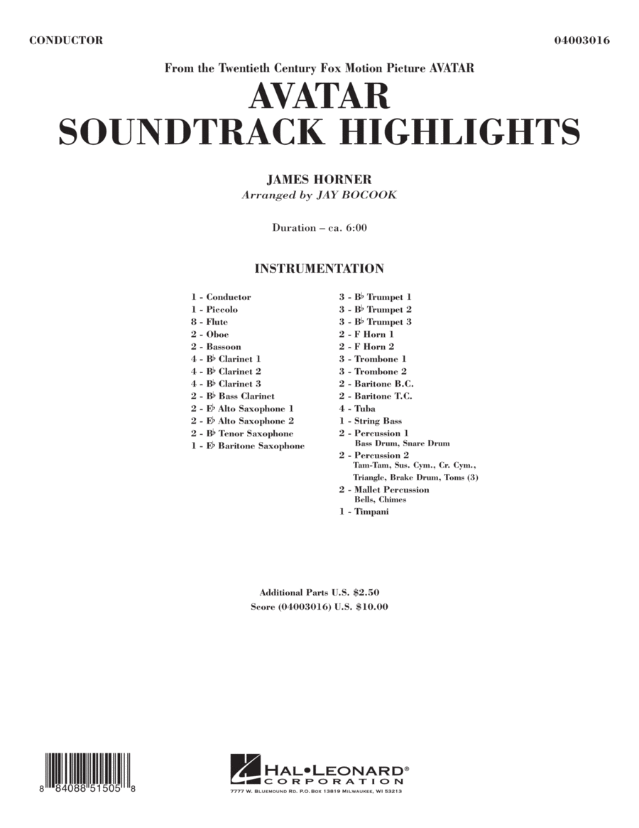 Book cover for Avatar Soundtrack Highlights - Conductor Score (Full Score)