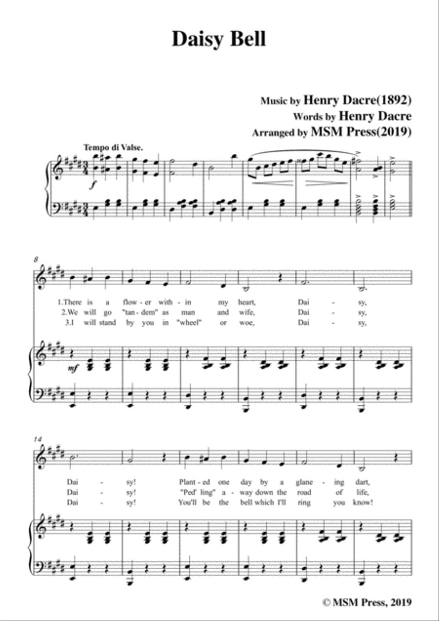 Henry Dacre-Daisy Bell,in E Major,for Voice and Piano Voice Solo scores gallery preview page 3