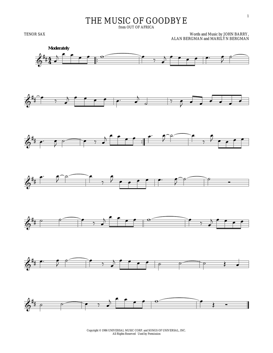 The Music Of Goodbye Tenor Saxophone scores gallery preview page 1