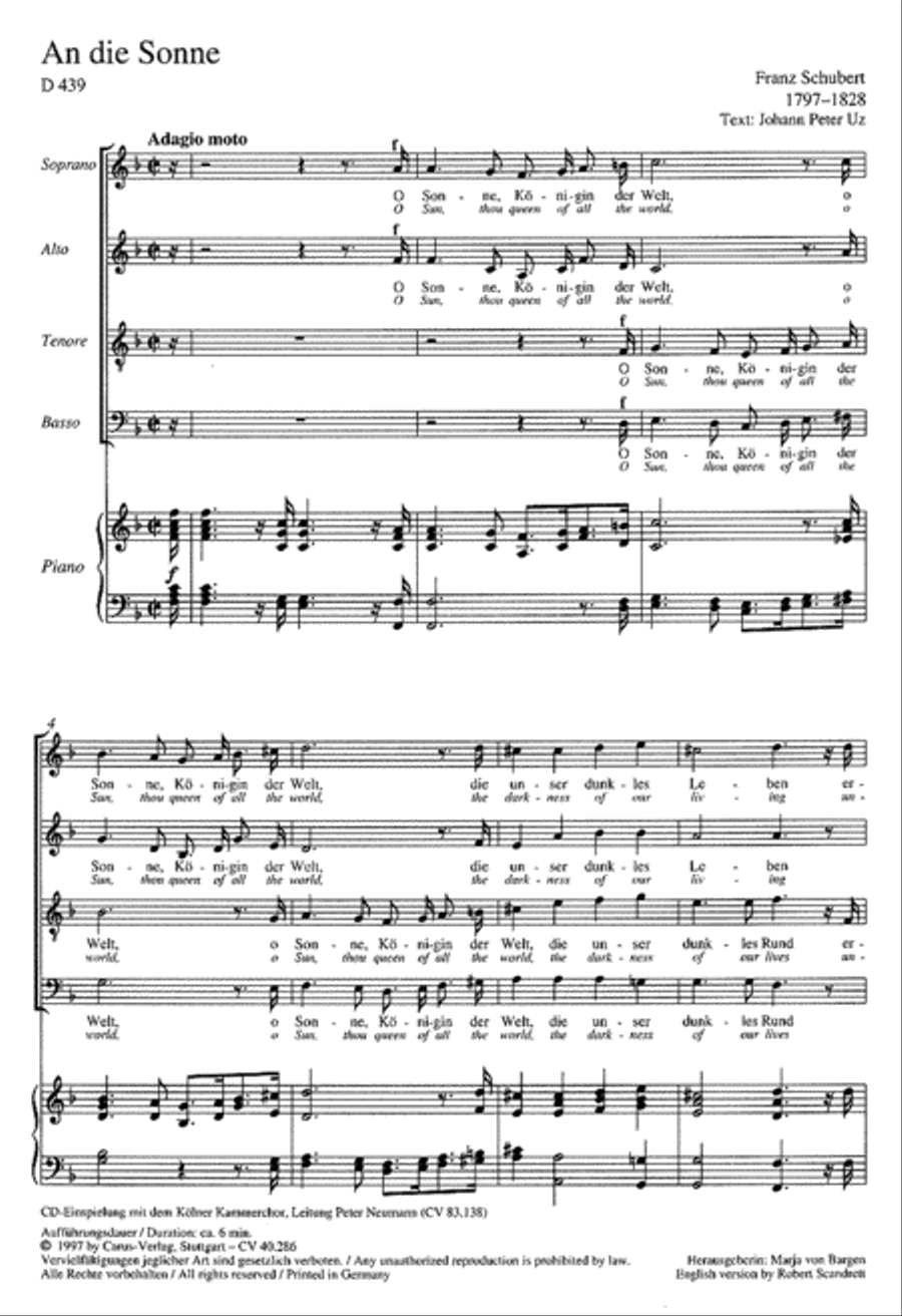 O sun, you queen of all the world (An die Sonne) 4-Part scores gallery preview page 1