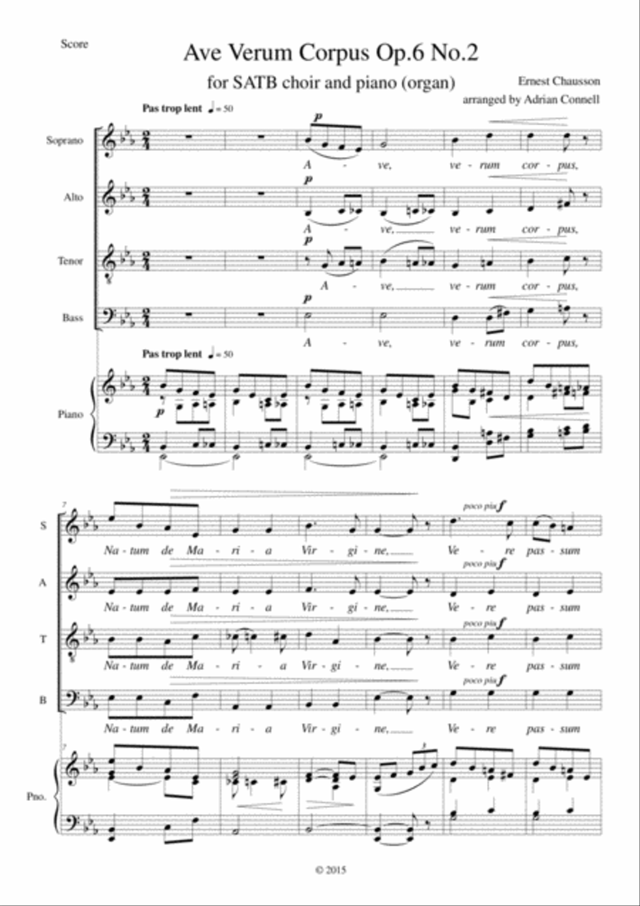 Chausson Ave Verum Corpus arranged for SATB choir and piano (or organ) 4-Part scores gallery preview page 1