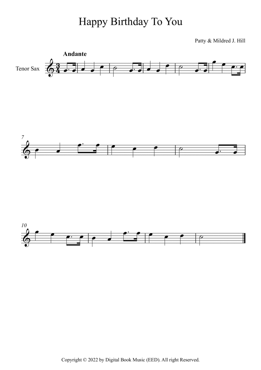 Happy Birthday To You - Patty & Mildred J. Hill (Tenor Sax) Tenor Saxophone scores gallery preview page 1