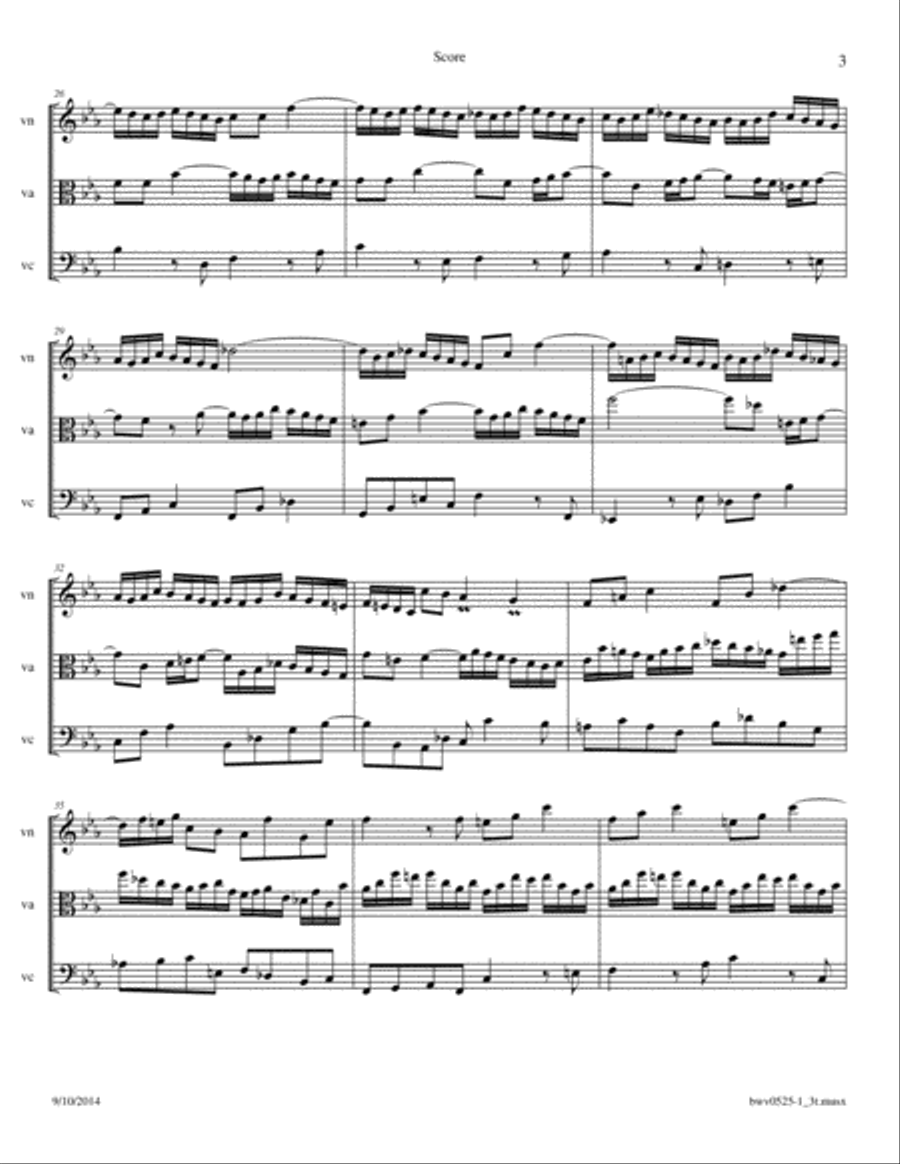 Bach: Triosonata BWV 525 1st movement arrange for Violin, Viola and Cello or 2 Violins, and Cello Small Ensemble scores gallery preview page 3