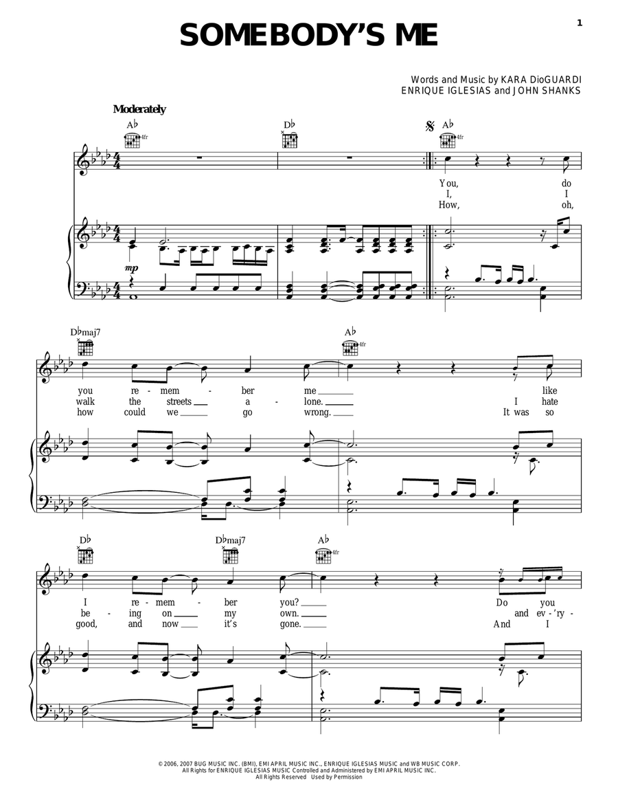Somebody's Me Piano, Vocal, Guitar scores gallery preview page 1