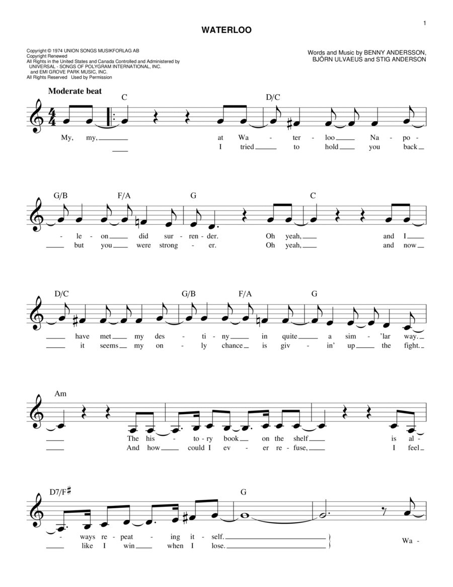Waterloo Waterloo Piano scores gallery preview page 1