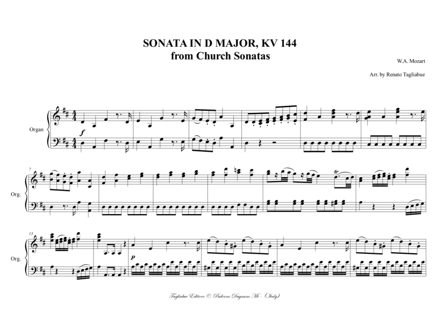 Mozart, SONATA IN D MAJOR, KV 144. From Church Sonatas. Arr. for solo Organ. Organ Solo scores gallery preview page 1