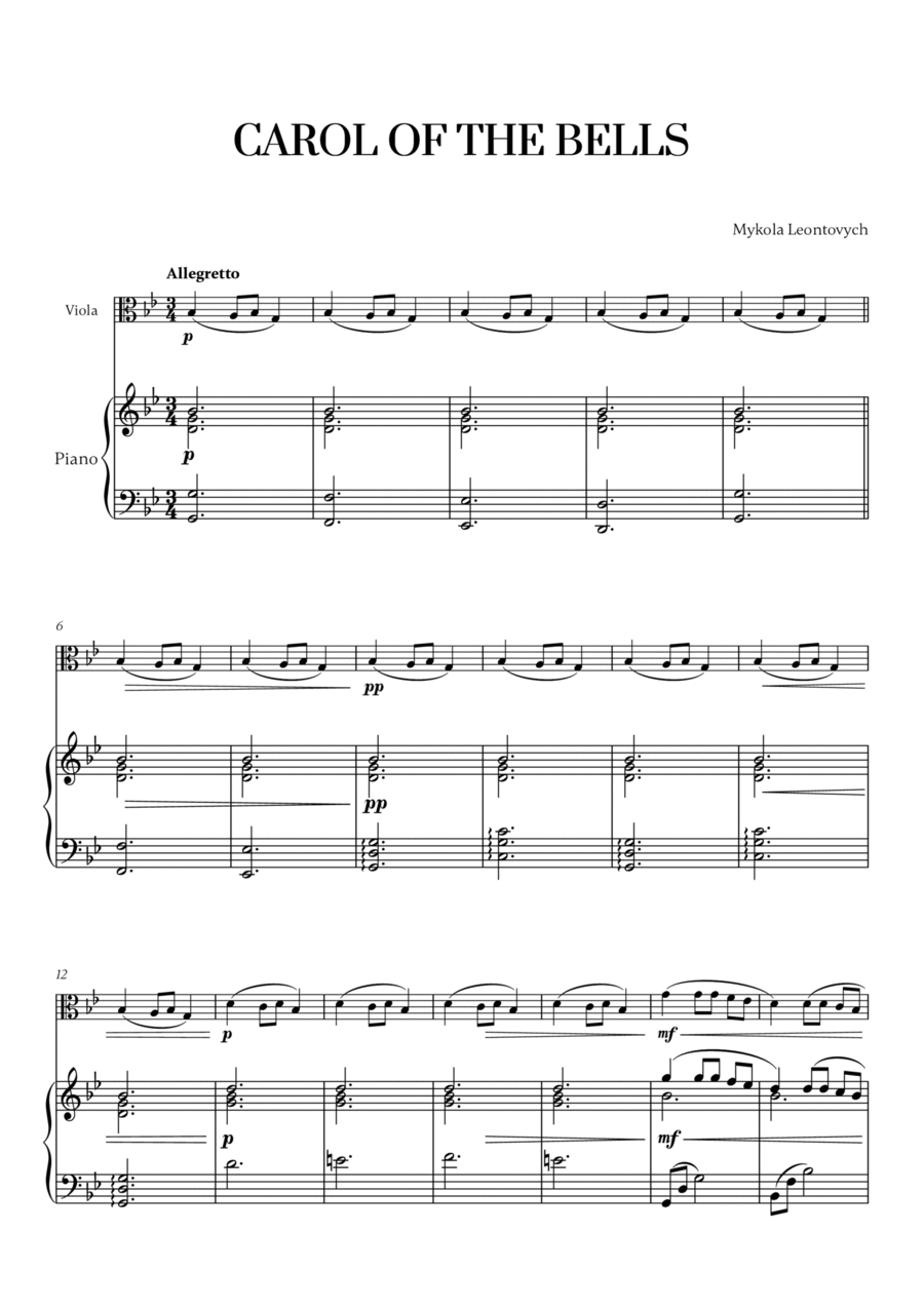 Carol of the Bells (Very Easy/Beginner) (for Viola and Piano) Piano scores gallery preview page 1