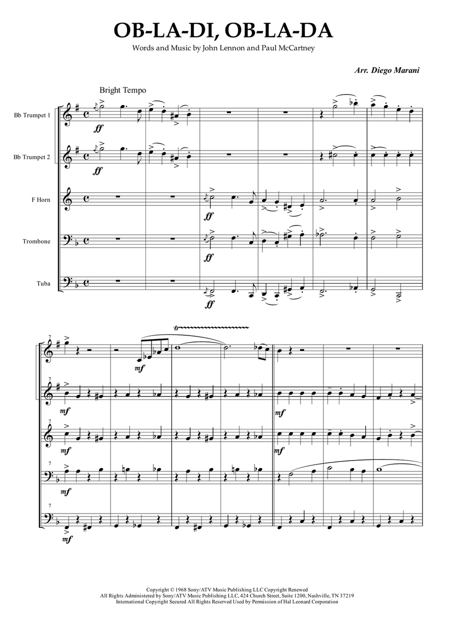 Ob-La-Di, Ob-La-Da Brass Ensemble scores gallery preview page 1