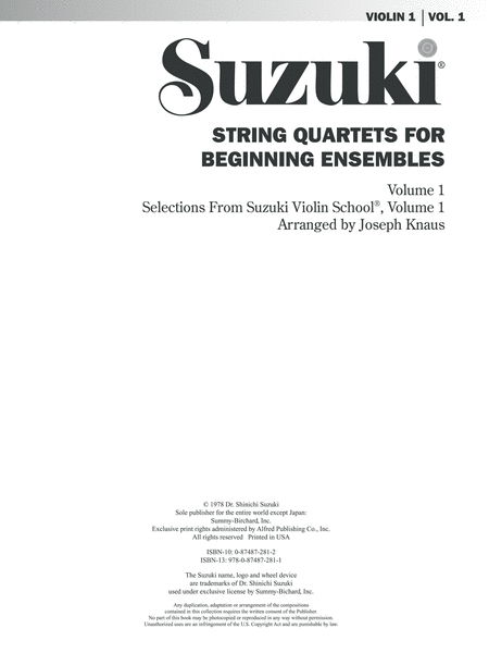 String Quartets for Beginning Ensembles, Volume 1: 1st Violin