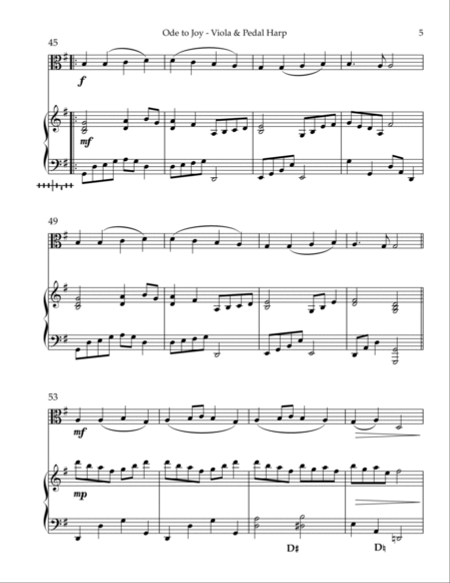 Ode to Joy, Duet for Viola & Pedal Harp String Duet scores gallery preview page 5