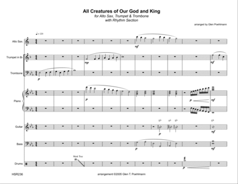 ALL CREATURES OF OUR GOD AND KING - Alto Sax, Trumpet, Trombone & Rhythm Section Large Ensemble scores gallery preview page 1