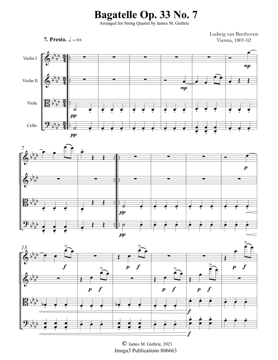Beethoven: Bagatelle Op. 33 No. 7 for String Quartet image number null
