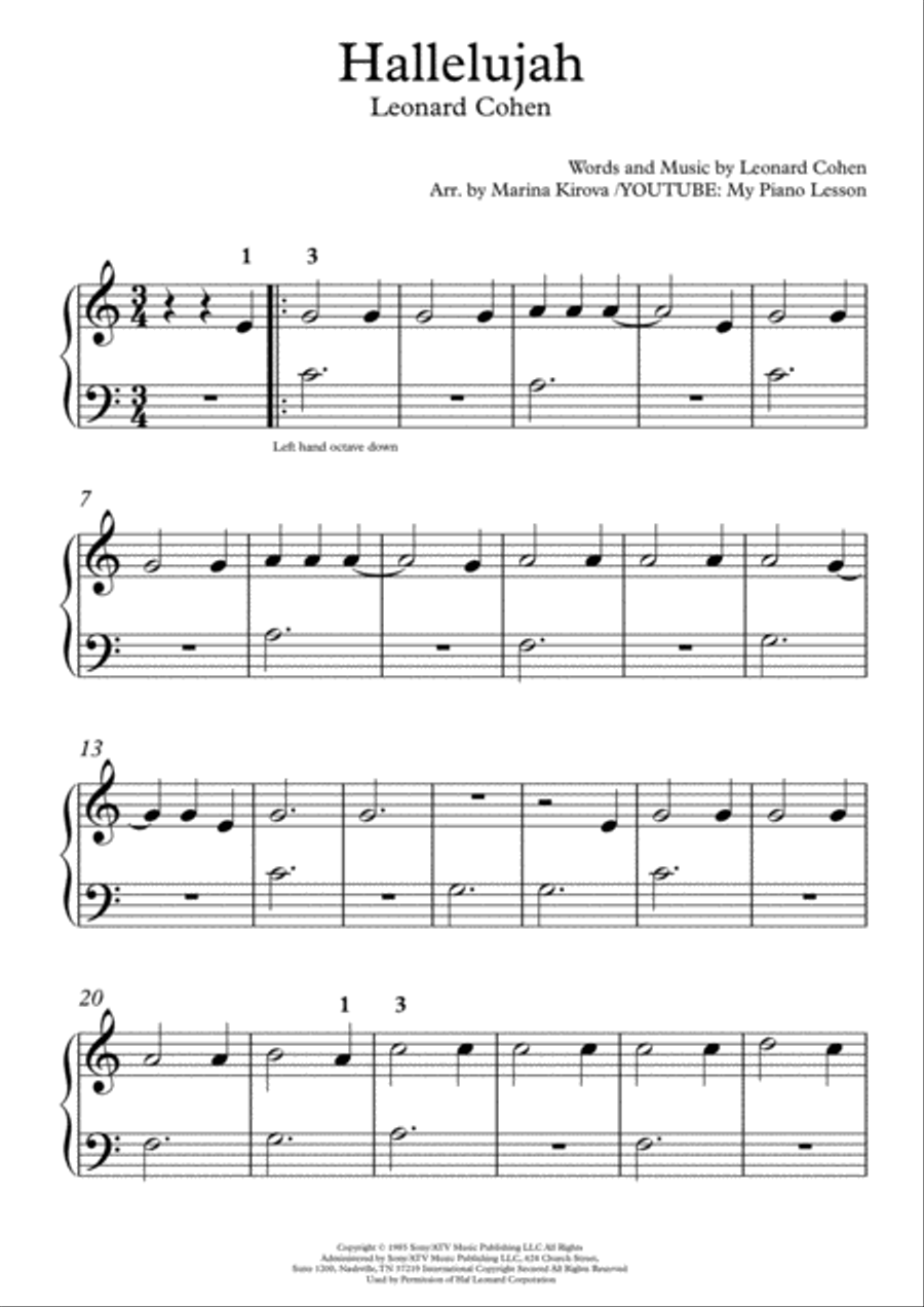 Hallelujah Easy Piano scores gallery preview page 1