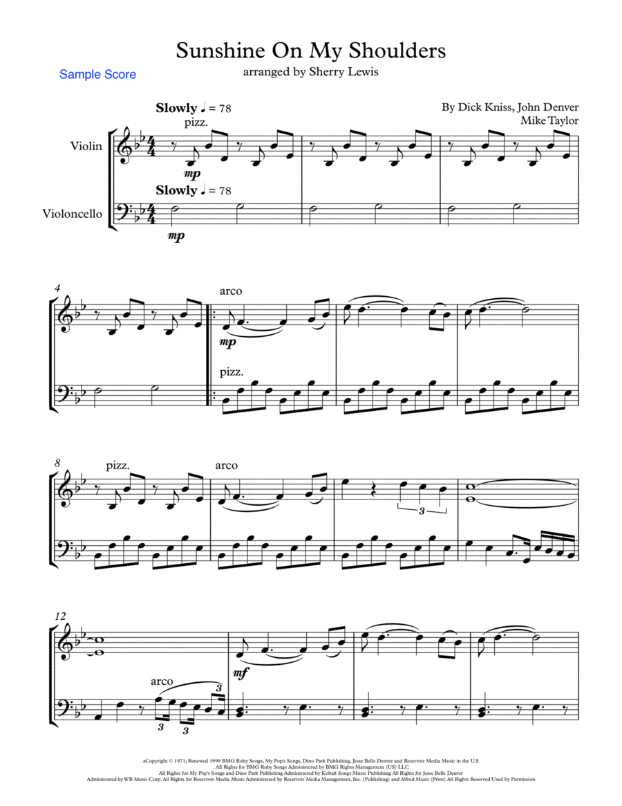 Sunshine On My Shoulders String Duet scores gallery preview page 1