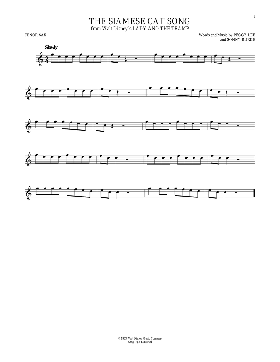 The Siamese Cat Song (from Lady And The Tramp) Tenor Saxophone scores gallery preview page 1