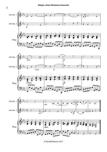 Christmas Concerto, Allegro, by Corelli; for Alto Saxophone Duet or Solo, with optional Piano