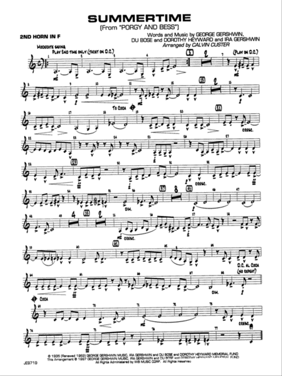 Summertime (from Porgy and Bess): 2nd F Horn Jazz Ensemble scores gallery preview page 1