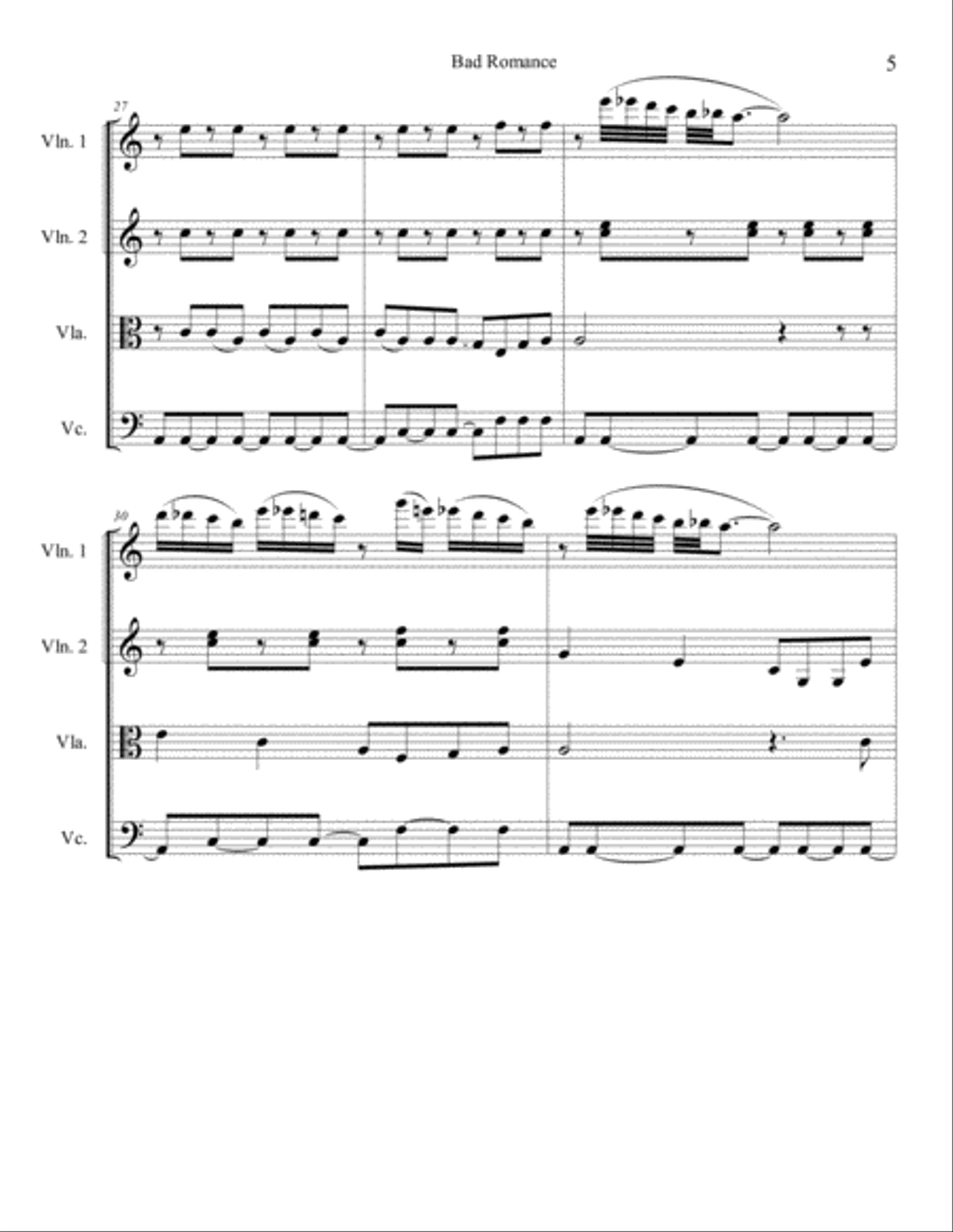 Bad Romance String Quartet scores gallery preview page 5