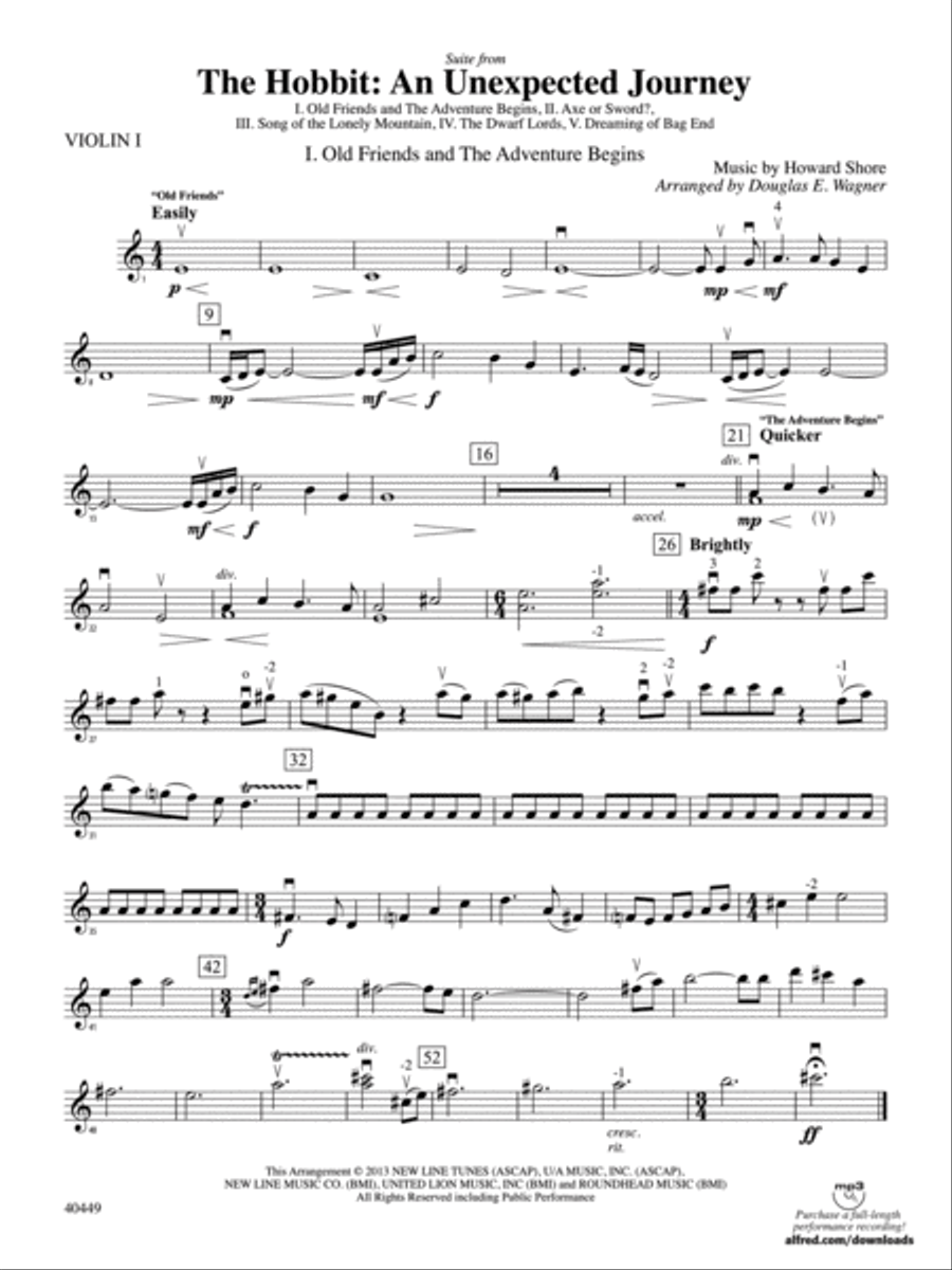 The Hobbit: An Unexpected Journey, Suite from: 1st Violin Full Orchestra scores gallery preview page 1