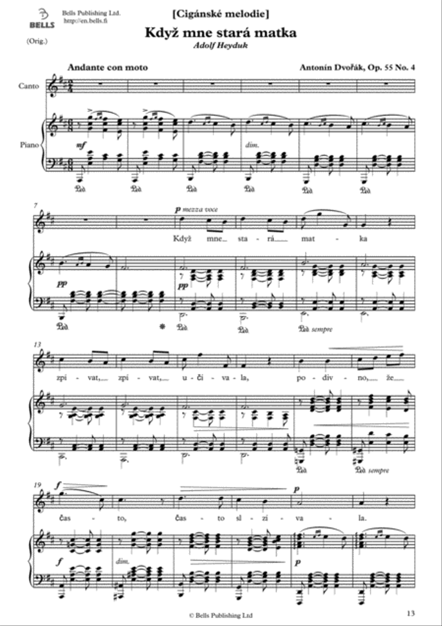 Kdyz mne stara matka, Op. 55 No. 4 (Original key. D Major) Voice Solo scores gallery preview page 1