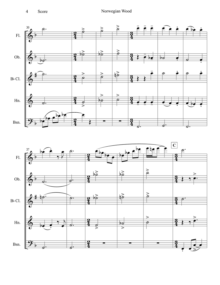 Norwegian Wood (This Bird Has Flown) Woodwind Quintet scores gallery preview page 5